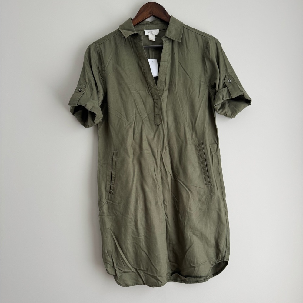 LOFT Army Green Shirt Dress Extra Small